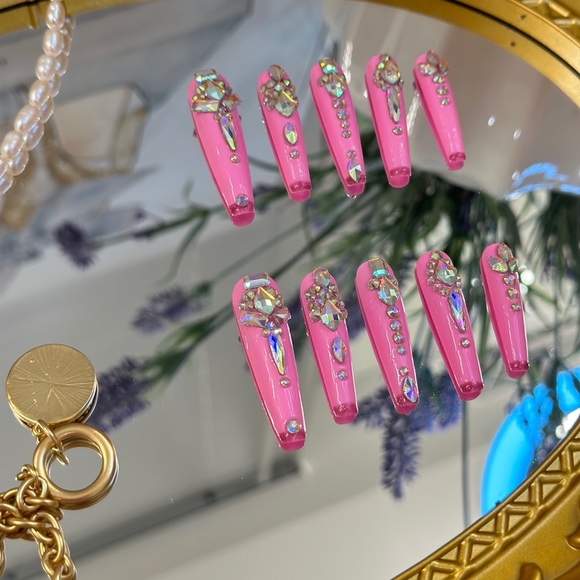 Long Pink Reinstone Handmade Press On Nails - Picture 4 of 5